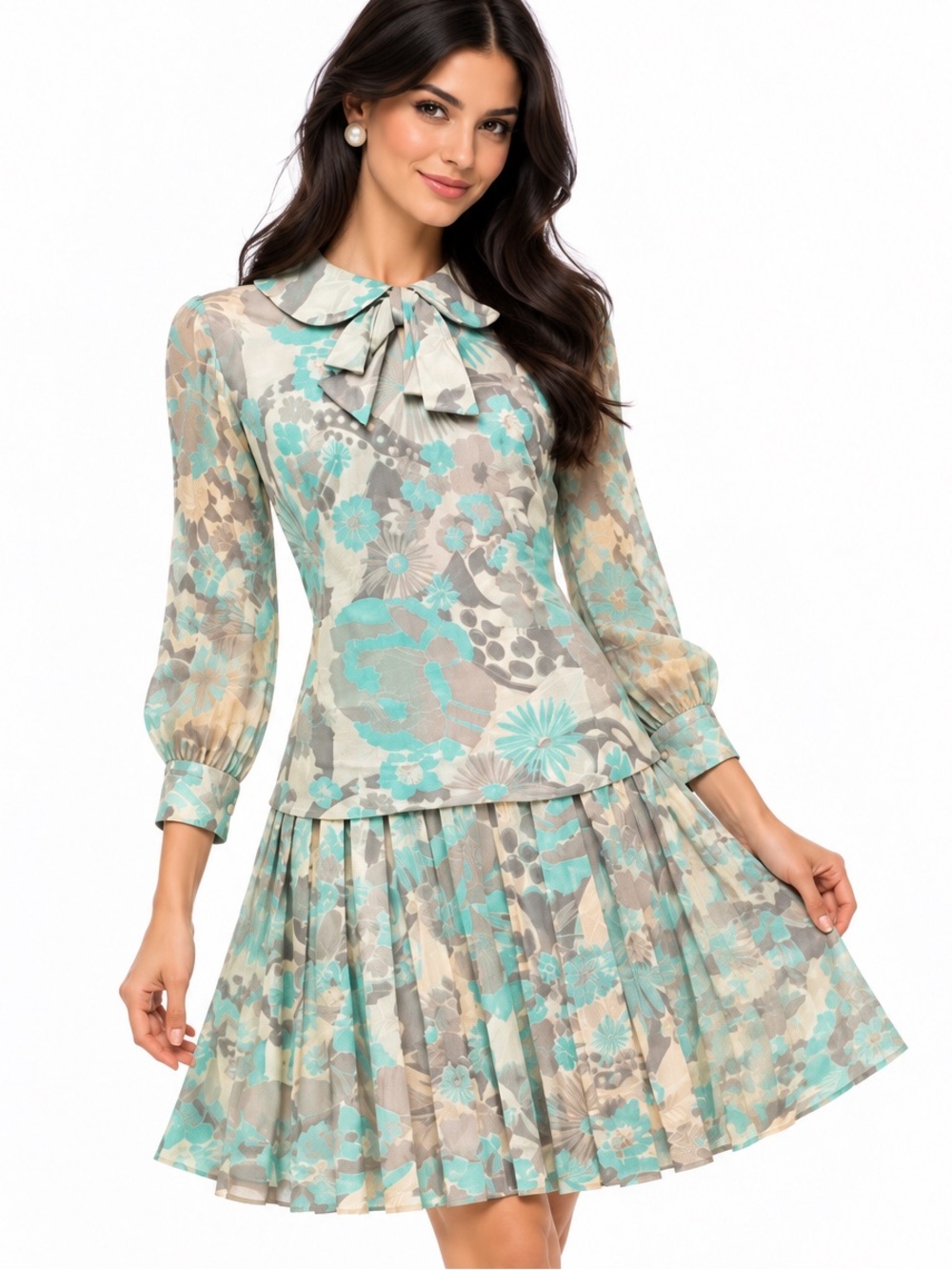 Vintage 1960s Floral Bow-Tie Pleated Dress Mint & Gray Medium